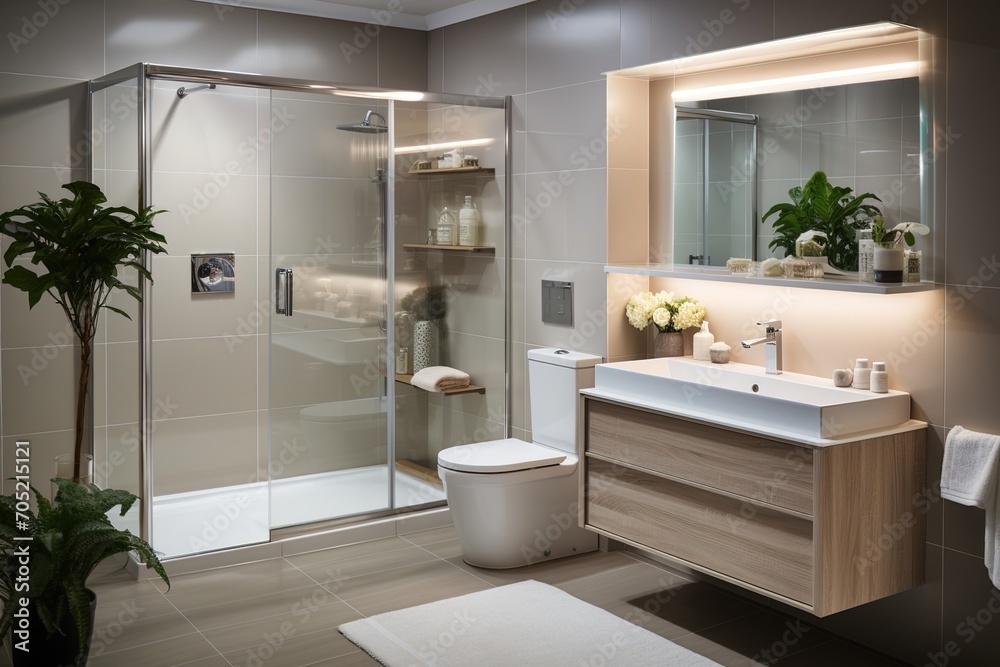 Modern bathroom interior with plants and large shower Modern bathroom interior with plants and large shower