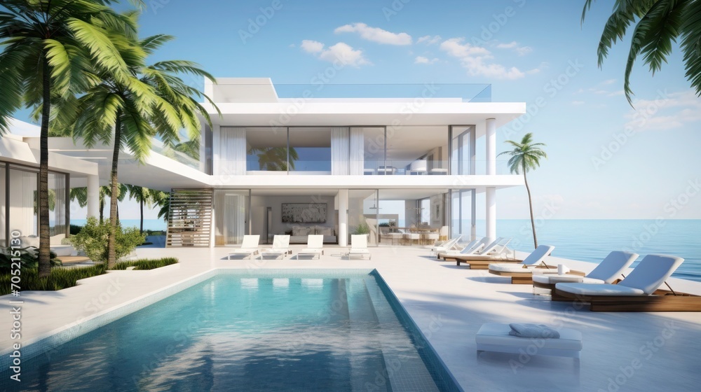 Two-storey luxury villas with sea views, relaxation area with sun loungers by the pool