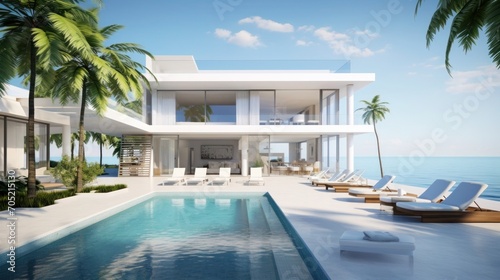 Two-storey luxury villas with sea views, relaxation area with sun loungers by the pool © Anzhela