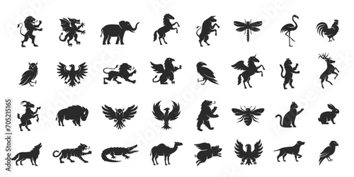Animals logo set. Animals elements for emblem, logo, Coat of Arms design. Animals icons. Wild Animals silhouettes. Vector illustration.  photo