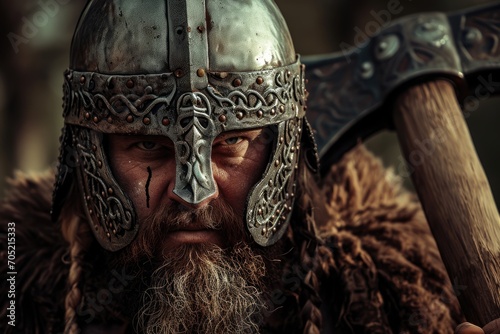 Man as a Viking warrior, with a helmet and axe, fierce expression photo