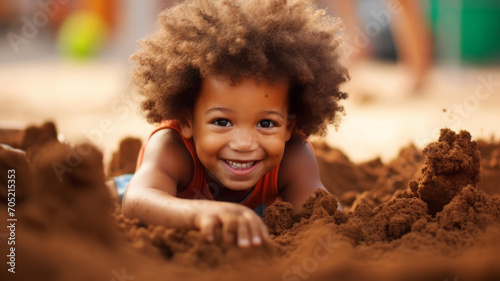 Curly African American child playing with friends in the sand.