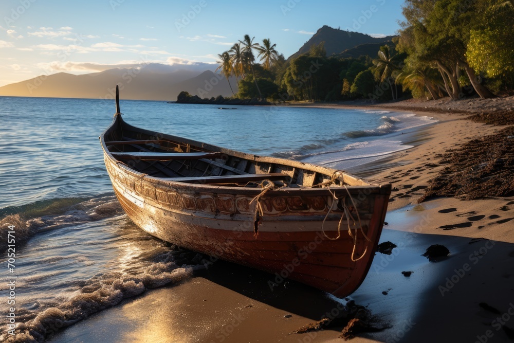 Canoa waiting, isolated beach, imminent journey., generative IA Canoa waiting, isolated beach, imminent journey., generative IA
