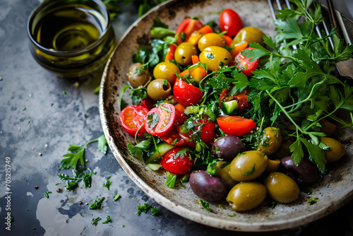 olive salad in a plate. The concept of healthy eating, vegetarianism, weight loss