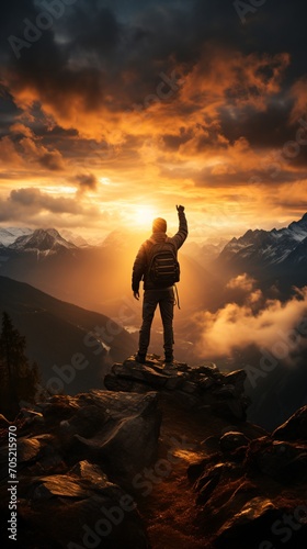 Man on top of a mountain celebrates his success