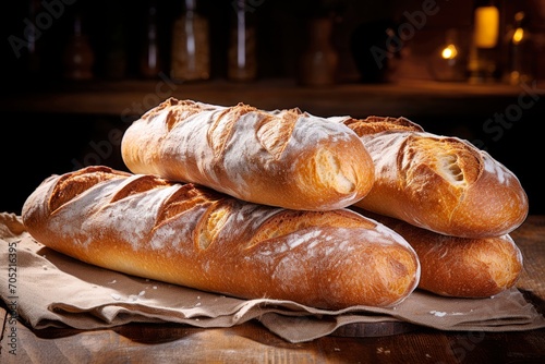 Freshly baked crispy French baguettes lie on a wooden table in a bakery. Advertising concept for bakeries or cafes