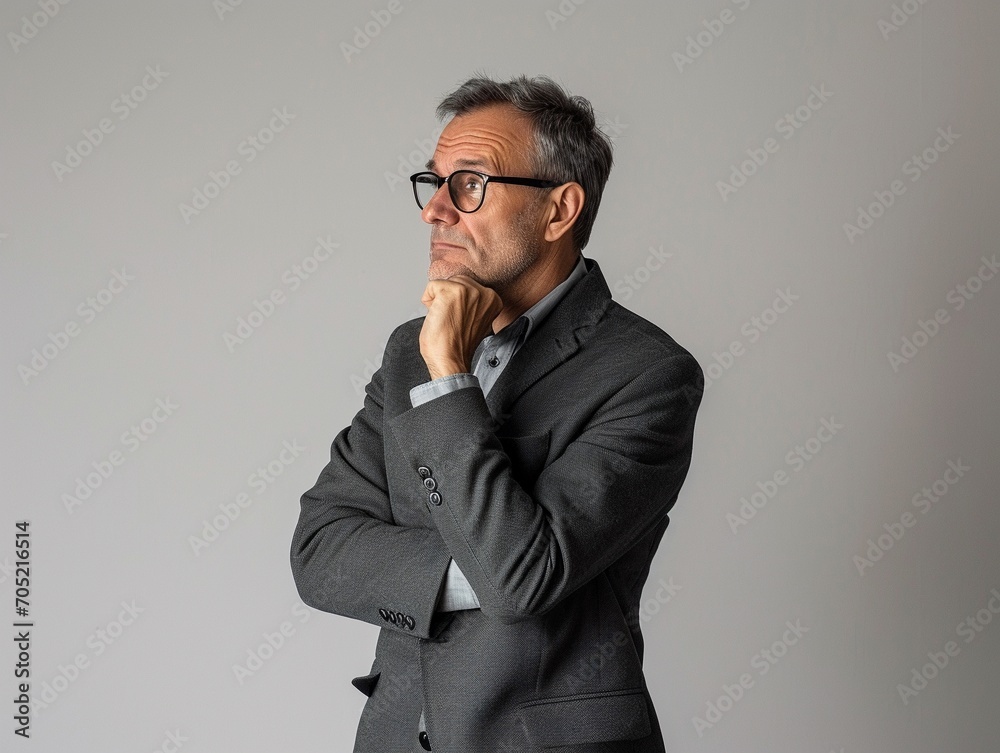 Thoughtful sad older business man investor, frustrated depressed middle aged senior professional businessman thinking of bankruptcy or making difficult decision standing isolated on white wall. Thoughtful sad older business man investor, frustrated depressed middle aged senior professional businessman thinking of bankruptcy or making difficult decision standing isolated on white wall.