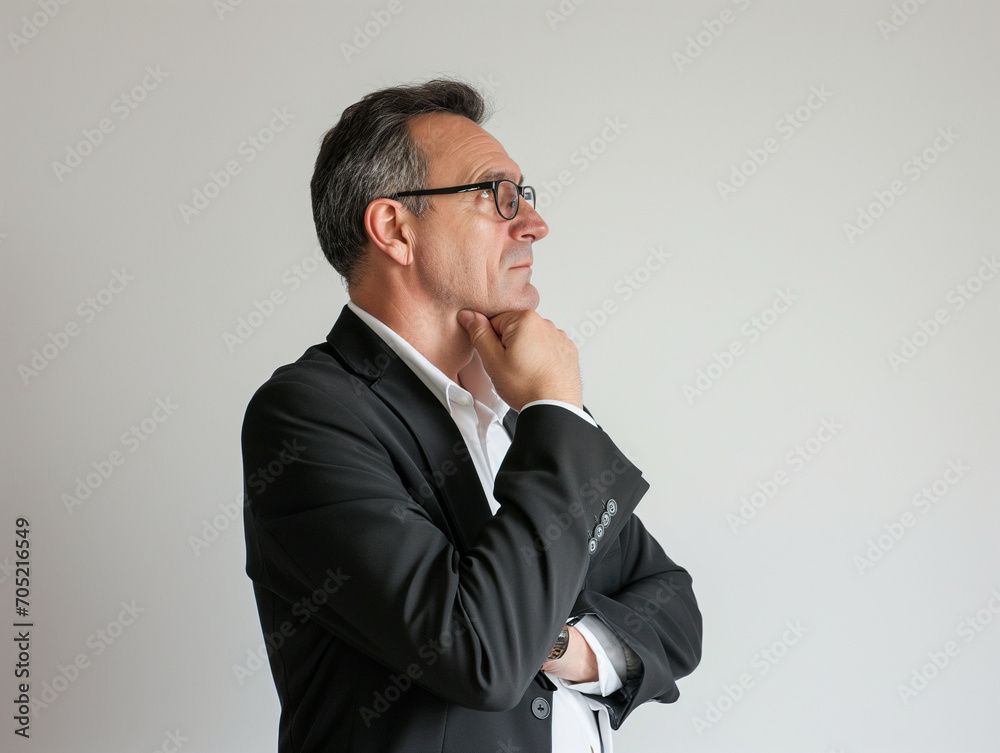 Thoughtful sad older business man investor, frustrated depressed middle aged senior professional businessman thinking of bankruptcy or making difficult decision standing isolated on white wall. 