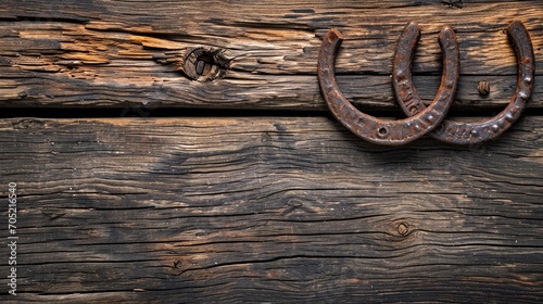 Two old rusty horseshoes, old horseshoe on wooden background photo