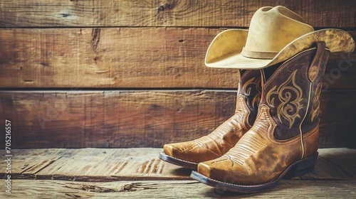 Wild West retro cowboy hat and pair of old leather boots on wooden floor. Vintage style filtered photo photo