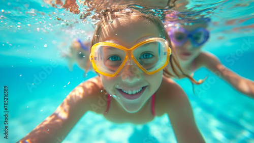 Underwater, children find joy in play—diving, swimming, and crafting unforgettable moments of happiness.