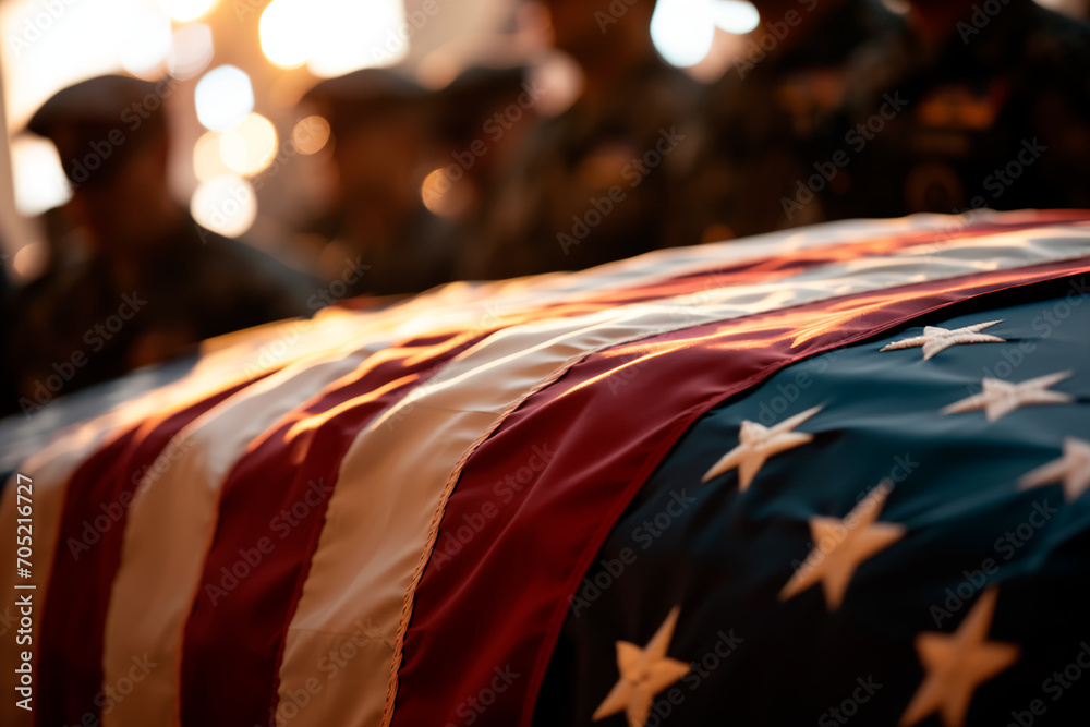 A military honor guard carrying a flag-draped casket during a memorial service, with a blurred background and ample copy space. - obrazy, fototapety, plakaty 