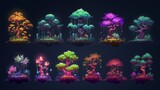Set of cartoon magic, sci-fi trees. Colorful trees for game. Pixel art, 8 bit for video game UI