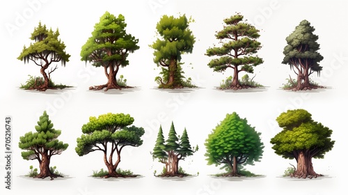 Set of cartoon trees. Colorful trees for game. Pixel art, 8 bit for video game UI