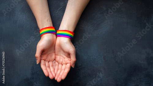 Hands together with a rainbow gay pride bracelet