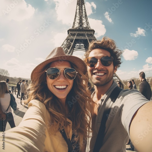 Tourists taking selfie in front of  Eiffel Tower in Paris, France. Happy, smiling couple on sunny day. © Bogna