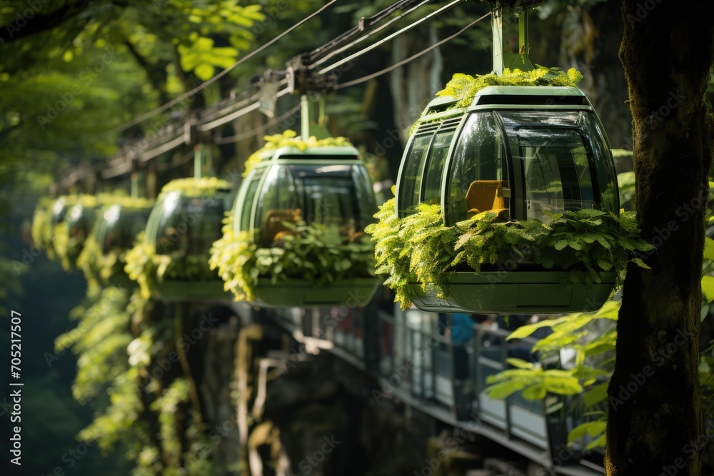Stunning aerial view: cable car over forests and rivers., generative IA Stunning aerial view: cable car over forests and rivers., generative IA