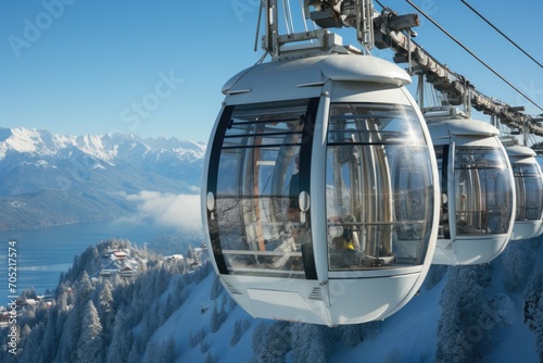 Cable car cabinas sliding over snowy mountains., generative IA