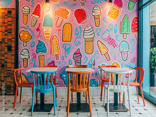 Colorful Icecream dessert shop doodle art wall interior design