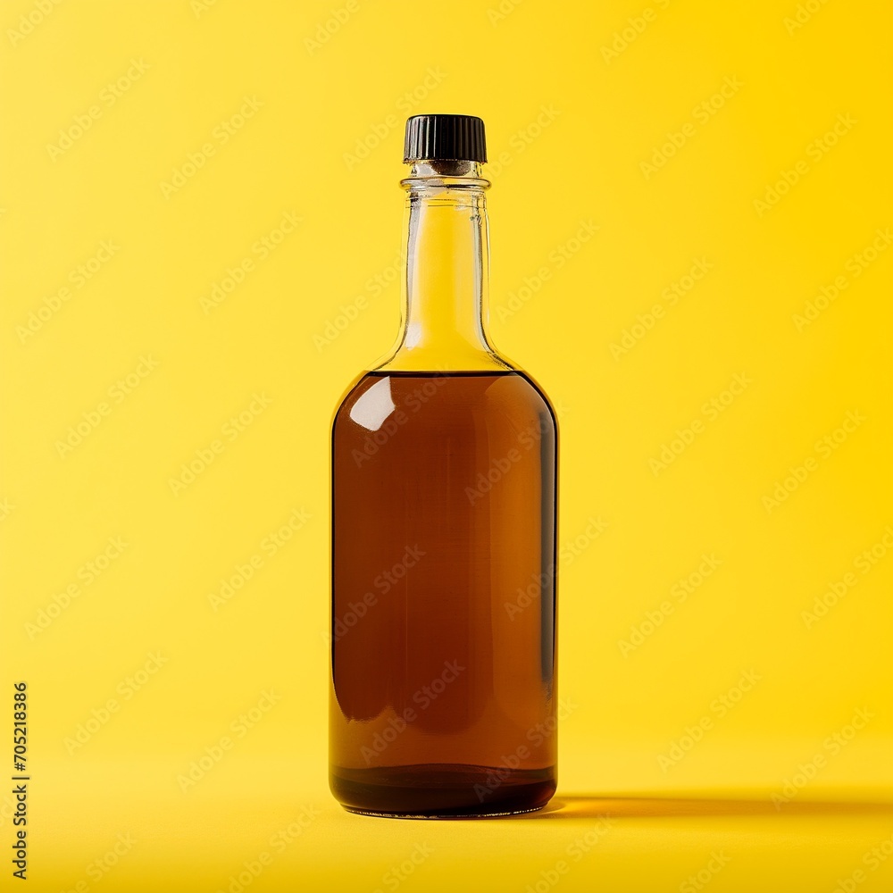 glass bottle with liquid on yellow background glass bottle with liquid on yellow background
