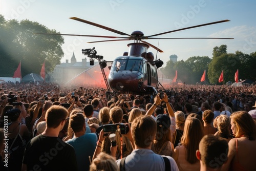 Heli de Notícias hangs over agitated event; crowds, stage and speeches., generative IA photo