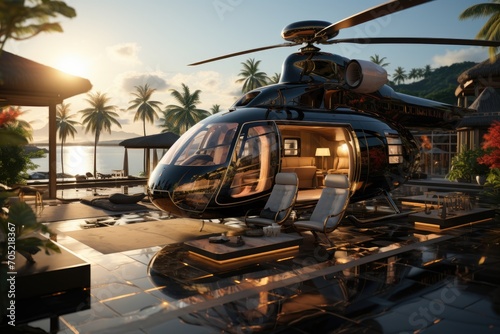 VIP helicopter lands on luxurious seaside heliport., generative IA photo