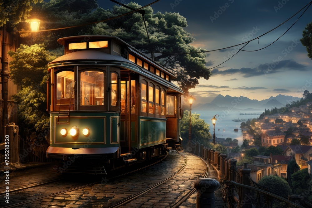 Tram climbing steep hill, panoramic view of the city., generative IA