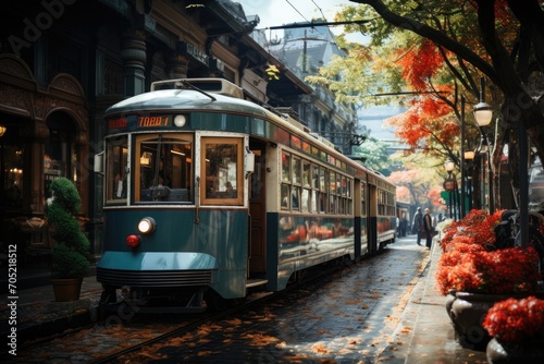 Vintage tram crosses busy street between cafes and shops., generative IA