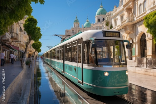 Tourist tram going through charming historical points., generative IA