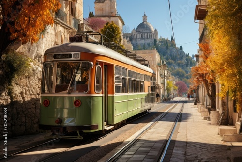 Tourist tram going through charming historical points., generative IA
