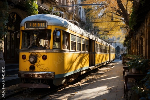 Historical tram crossing old neighborhood: nostalgic charm in motion., generative IA
