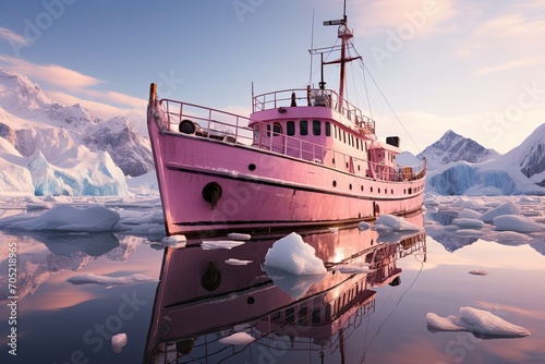 Polar icebreaker sailing in frozen waters, surrounded by snow and mountains., generative IA