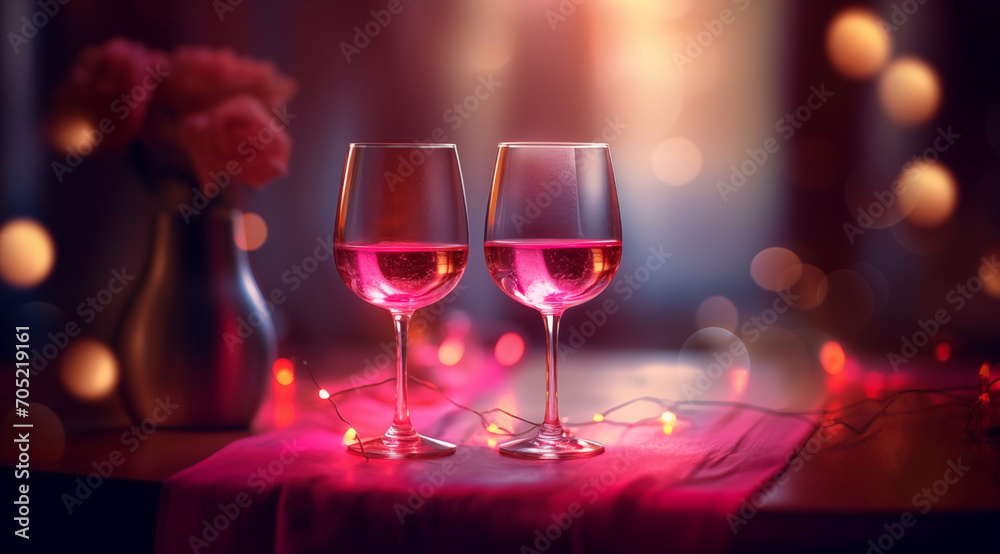 Valentines day background with pink champagne glasses and roses Valentines day background with pink champagne glasses and roses