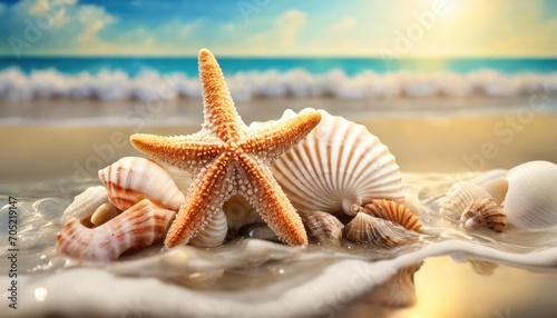 Seashell on sand of the beach in sunlight, background, close up