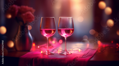 Valentines day background with pink champagne glasses and roses photo