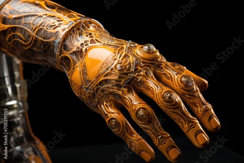 Hands are forged prostheses and orthoses at the factory., generative IA photo