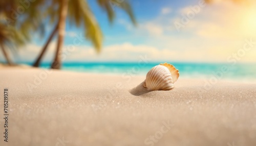 shells and seashells on a sandy beach with the ocean in the background