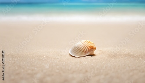 shells and seashells on a sandy beach with the ocean in the background