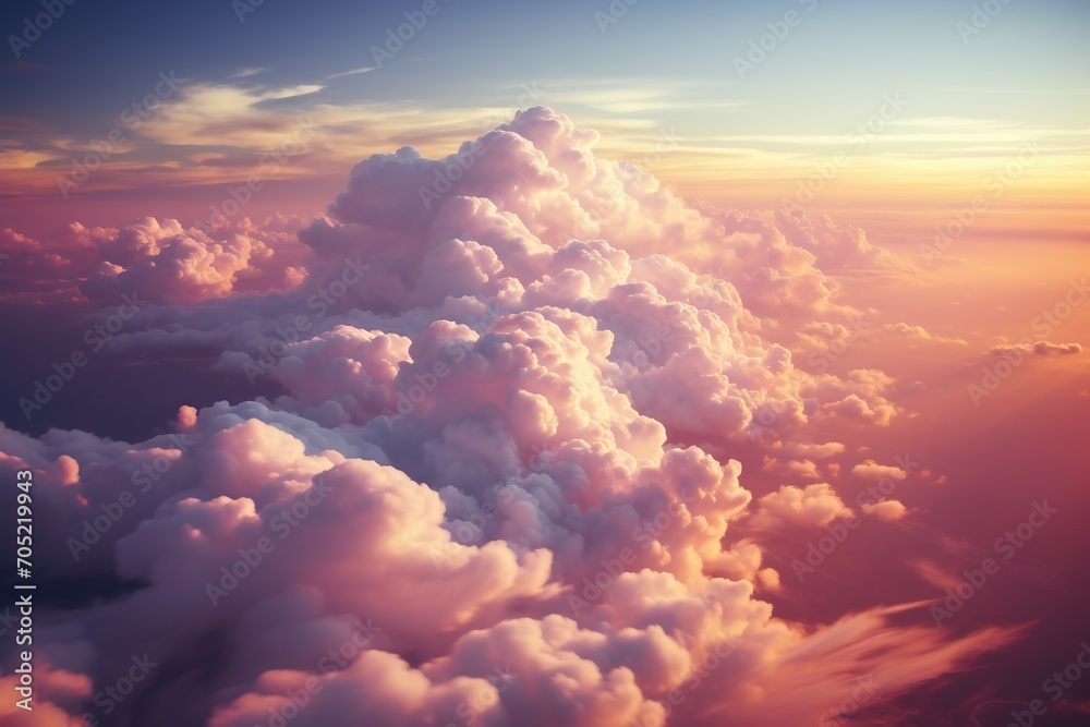 Fluffy dreamy clouds at sunset, pink light, generative ai
