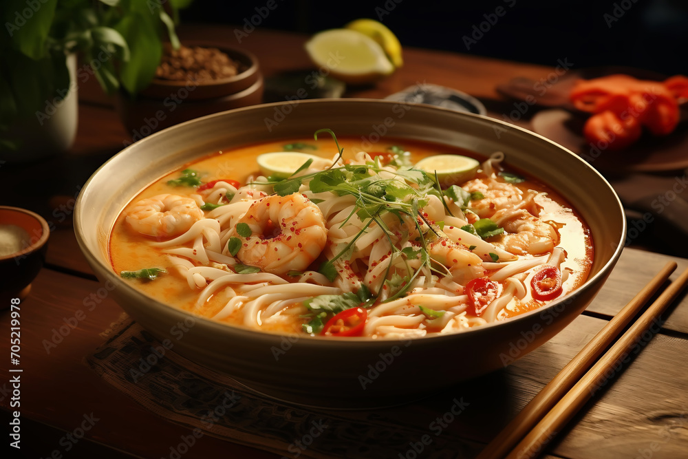 A bowl of spicy noodle soup with shrimps, generative ai