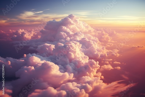 Fluffy dreamy clouds at sunset, pink light, generative ai