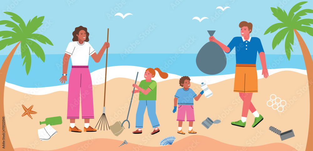 Adults and children clean beach from garbage. Young volunteers save earth, environmental problem, waste on seashore, vector illustration.eps