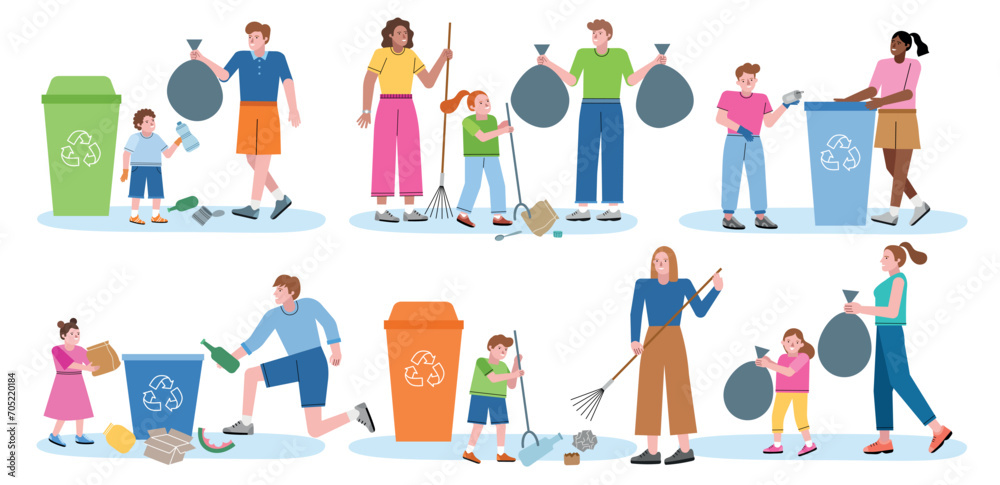 Adults and children collect garbage. Recycling and sorting, cartoon people put waste in containers, environment and ecology care, vector set.eps Adults and children collect garbage. Recycling and sorting, cartoon people put waste in containers, environment and ecology care, vector set.eps