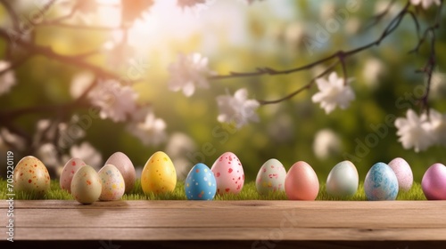 Easter eggs, empty wooden tabletop and blurred spring meadow as background. Image for display your product.