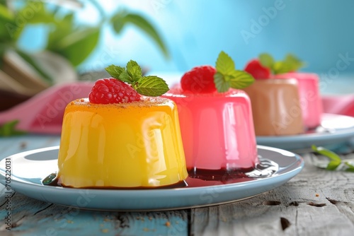 Yellow and pink jelly pudding with berries in blue plate photo