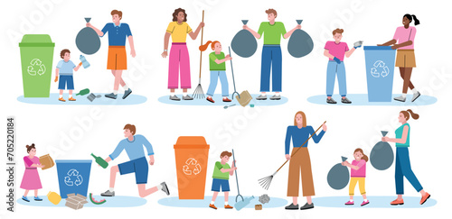 Adults and children collect garbage. Recycling and sorting  cartoon people put waste in containers  environment and ecology care  vector set.eps