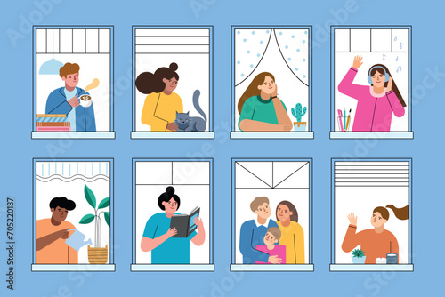 Cartoon flat persons in windows. People in apartments, neighbors looking outside, multi storey building residents, girl with cat, vector set.eps