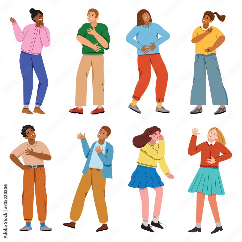 Happy laughing friends. Smiling people, cartoon carefree guys and girls, positive joyful reactions on joke, giggling characters, vector set.eps Happy laughing friends. Smiling people, cartoon carefree guys and girls, positive joyful reactions on joke, giggling characters, vector set.eps