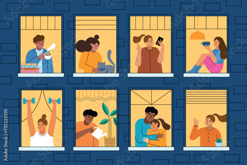 Night windows at home with people. Neighbors in apartments, building evening facade, house residents look into street, vector illustration.eps