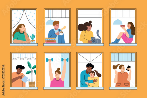 People look in open windows. Residential building facade, funny persons in apartments, cartoon neighbors look out into street, vector set.eps